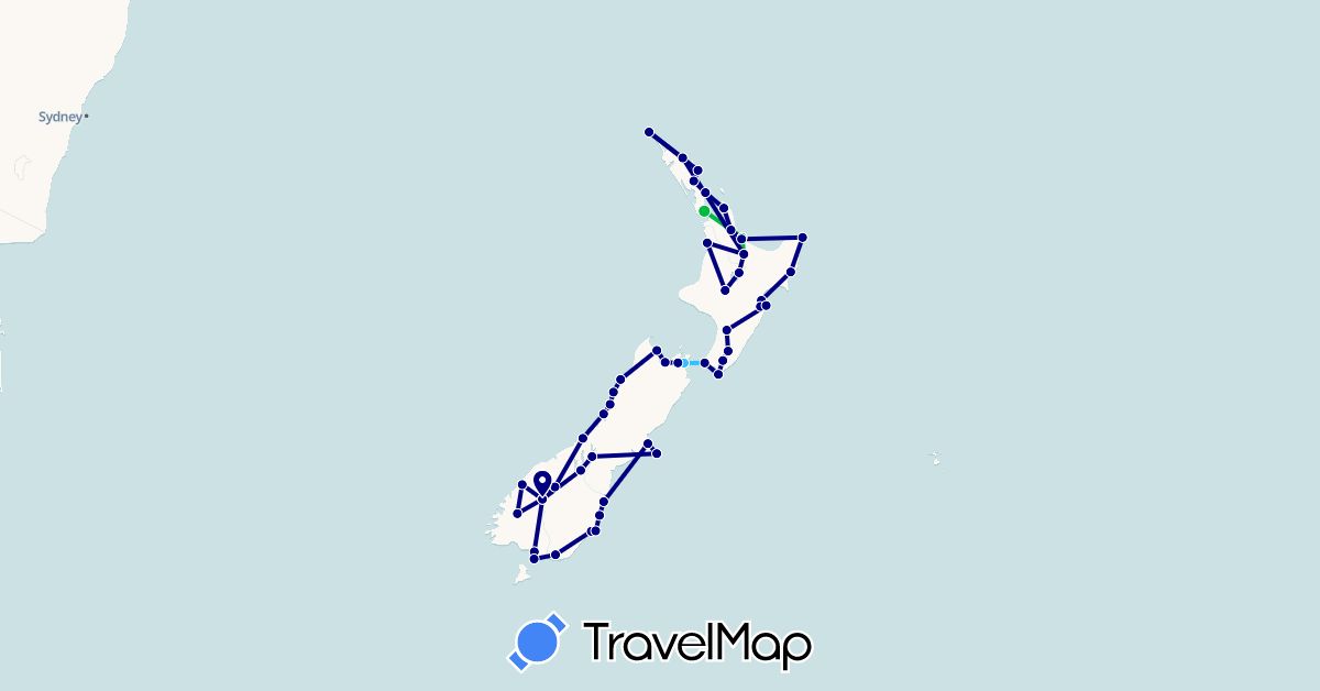 TravelMap itinerary: driving, bus, boat in New Zealand (Oceania)